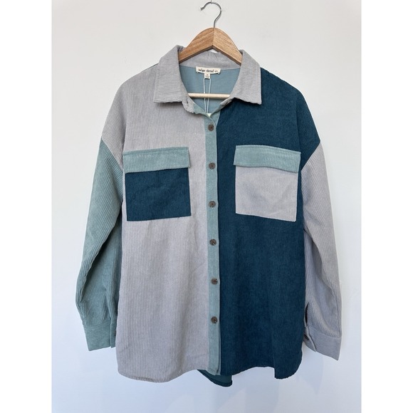 Indigo Thread Co Womens Corduory Green Gray Color Block Long Sleeved Button Top - Picture 1 of 3